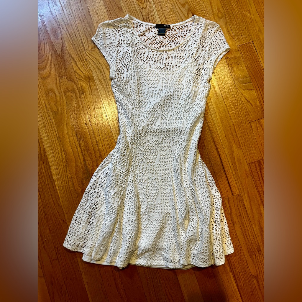 Aqua ~ Linen White Dress Short Sleeve A Line Lined Dress Size Small Stunning
